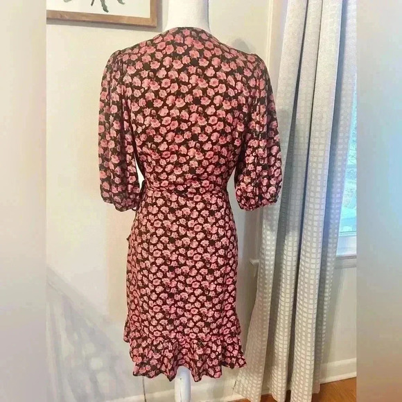 Nasty Gal Collection V Neck Rose Floral Puff Sleeve Ruffle Mini Wrap Dress - Picture 9 of 12